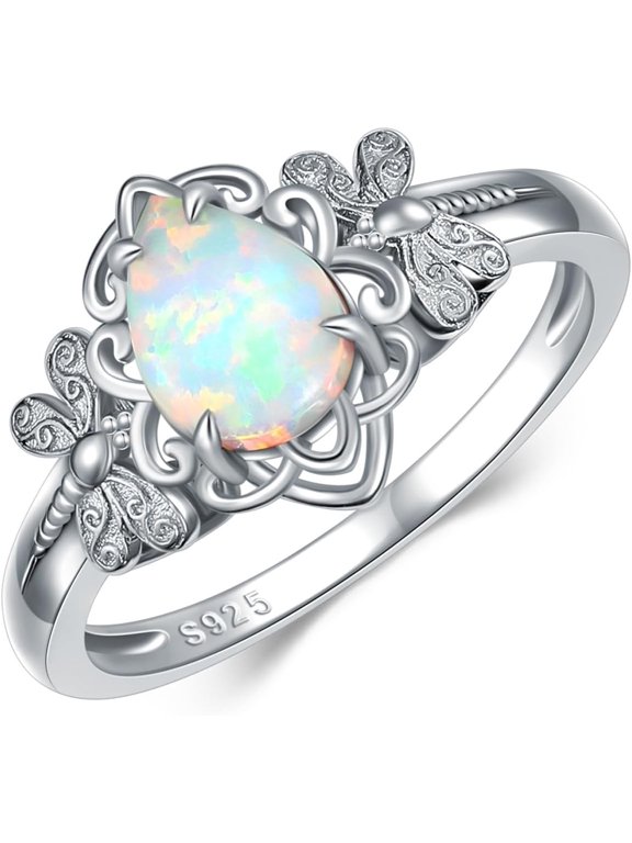 White Opal with Dragonfly/Butterfly Statement Ring 925 Sterling Silver Pear Cut 8 * 6MM Created Opal Ring for Anniversary Birthday Women Gifts Size 5-9