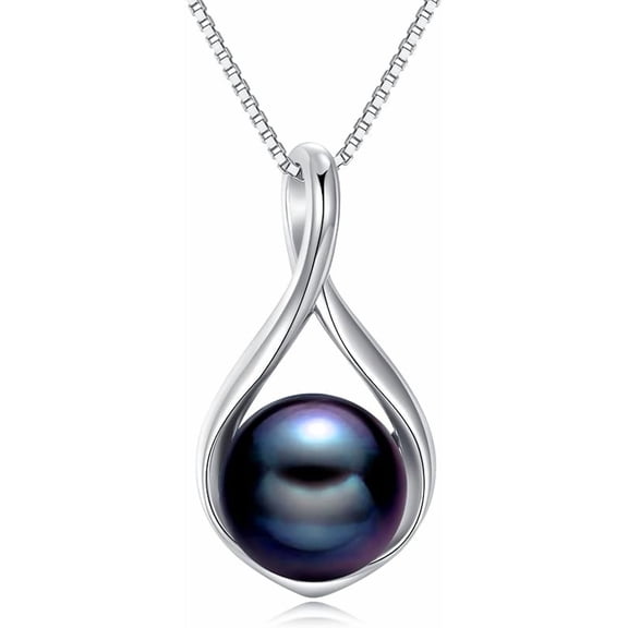 SISGEM s925 8-10mm Freshwater Cultured Black Pearl Necklace, 18k White Gold Plated Sterling Silver Infinity Pendant Necklaces Mothers Day Christmas Jewelry Gifts for Women Wife Mom 18+2 inch