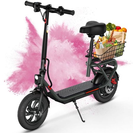 SISIGAD Adults Electric Scooter with Seat, 30 Miles Range and 16 Mph Power by 300W Motor, 12" Pneumatic Tire, Height Adjustable Seat, Foldable Commuter Scooter with Carry Basket