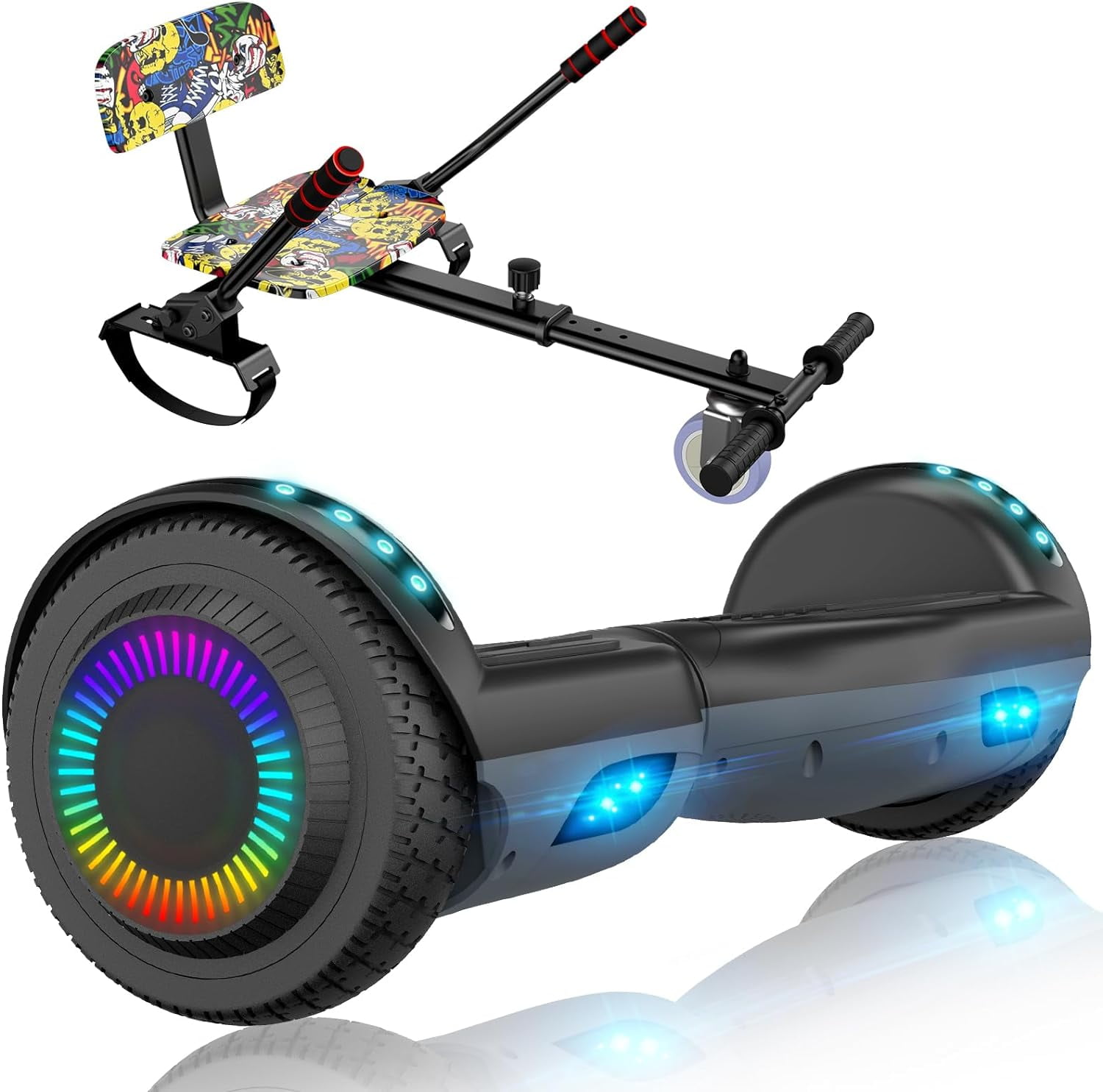 SISIGAD Electric Hoverboard and Kart Combo, Hoverboard with Go Kart Kit, 6.5 inch Wheels with LED Lights for Kids