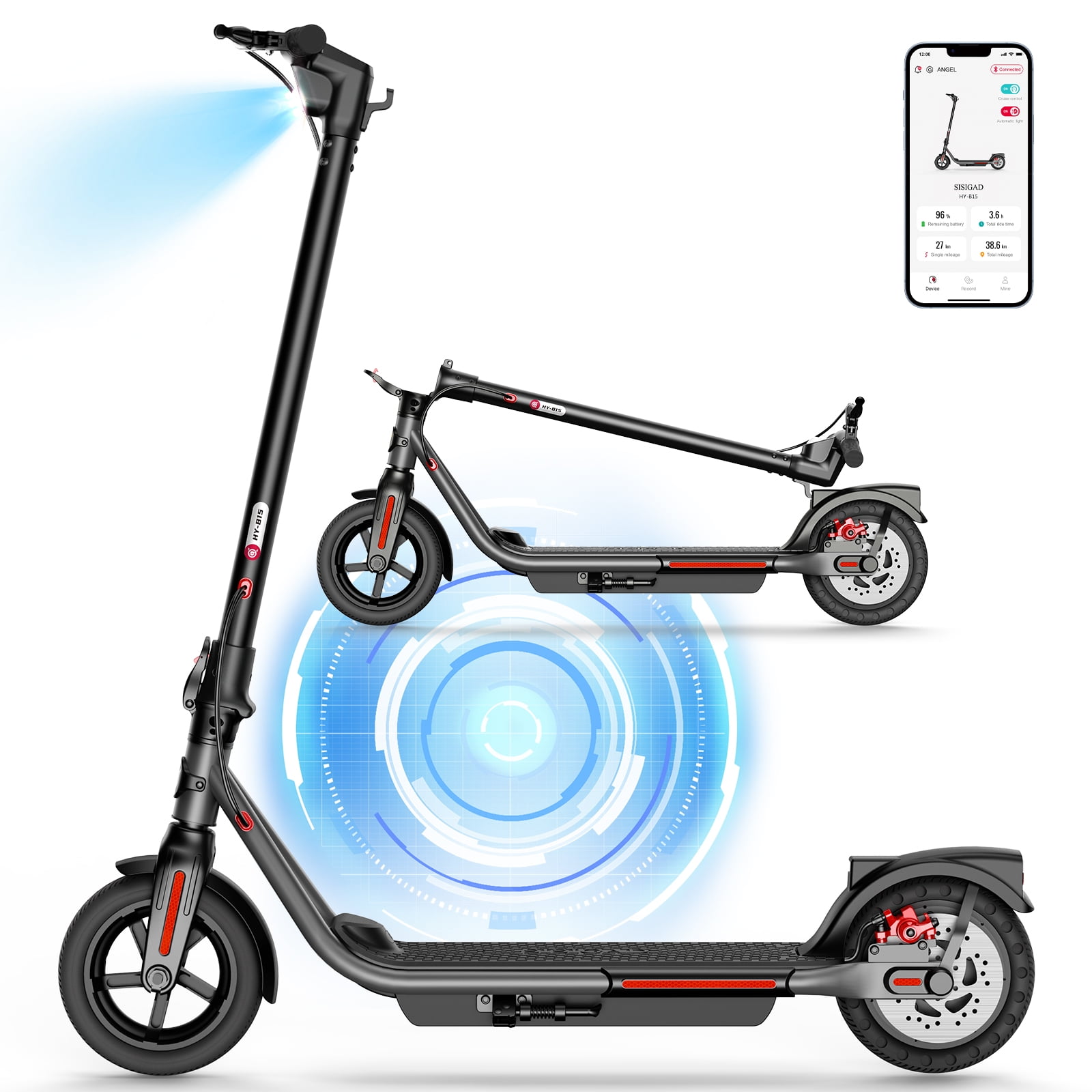 SISIGAD HY-B15 300W 8.5" Electric Scooter, 19Mph High Speed Foldable Commuting Electric Scooter for Adults, APP Support, Solid Rear Tire