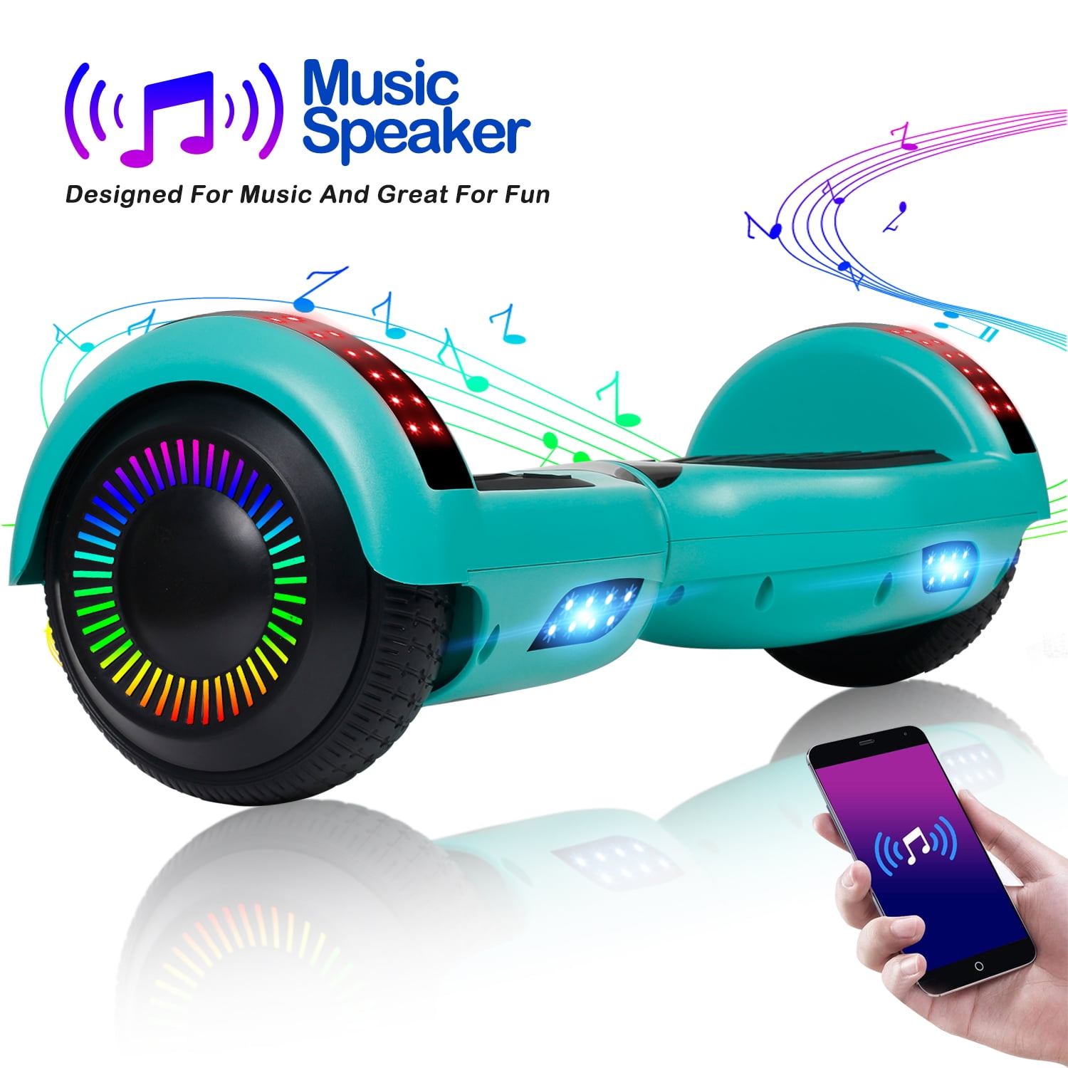 SISIGAD Hoverboard with Music Synced Bluetooth LED Lights 6.5 Certified Two Wheel Self Balancing Scooter Green