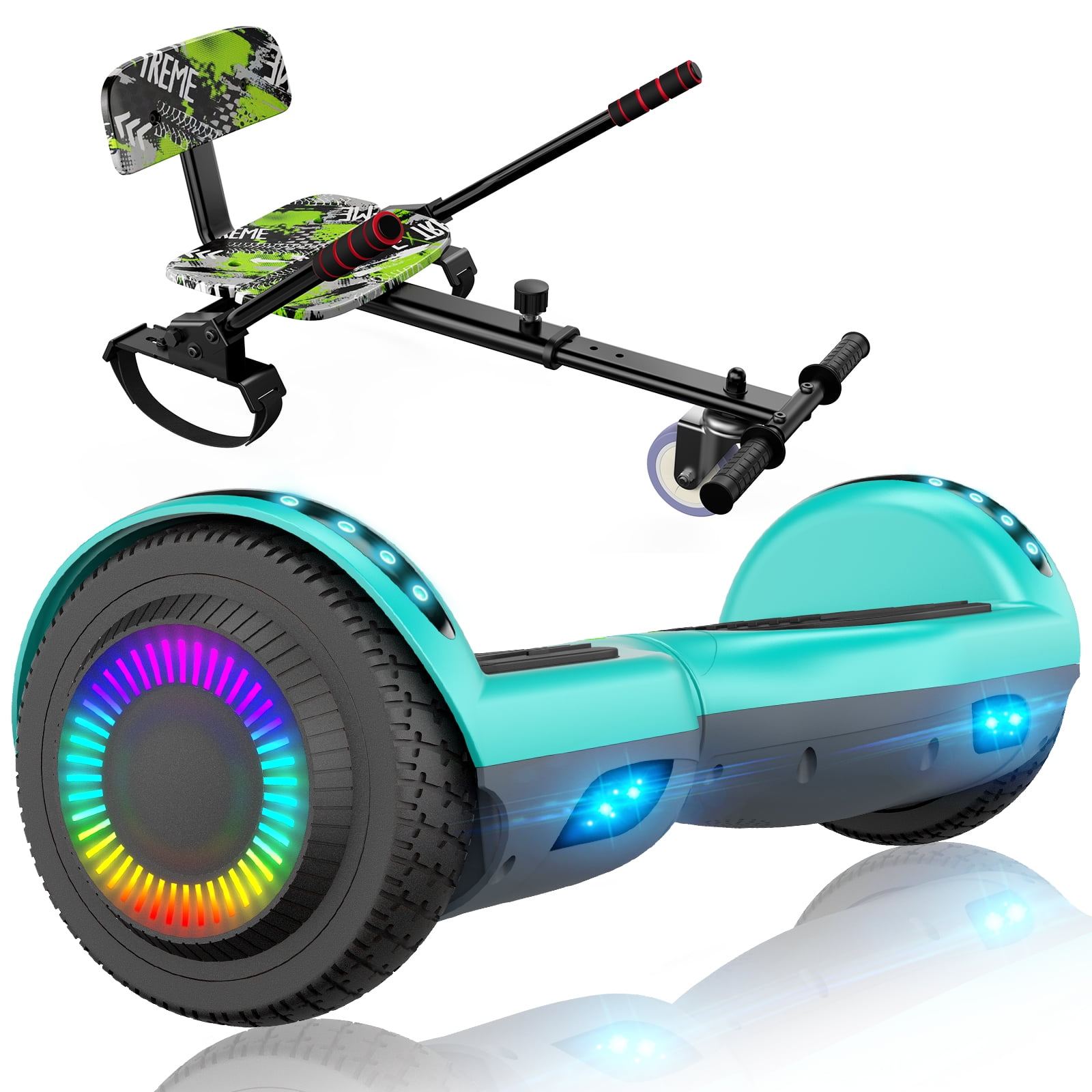 SISIGAD Hoverboard with Seat Attachment Combo 6.5 inch Hoverboard Go Kart Conversion Kit Built in Colorful LED Lights Green Gray