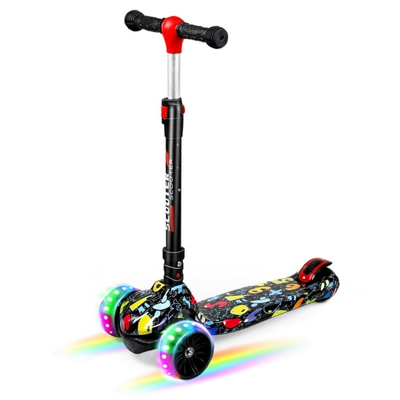 SISIGAD Kids Scooter Mini Aluminum 3 Wheels LED Light Up Folding Kick Scooters Graffiti Black