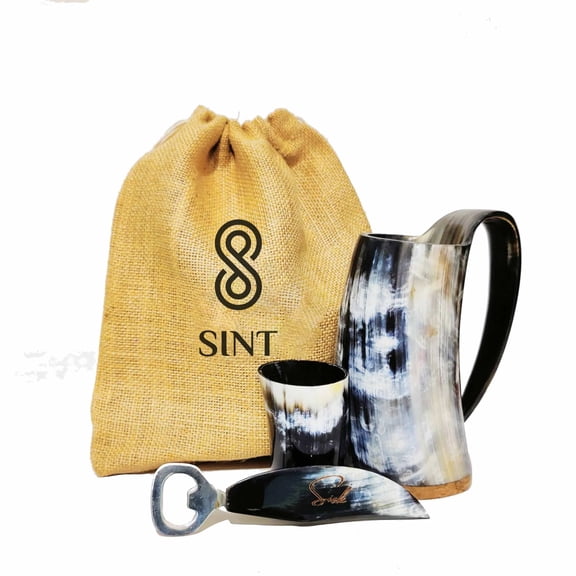 SISK Viking Simple-Polished Horn Mug, Shot Glass & Bottle Opener - 3 Pcs Set
