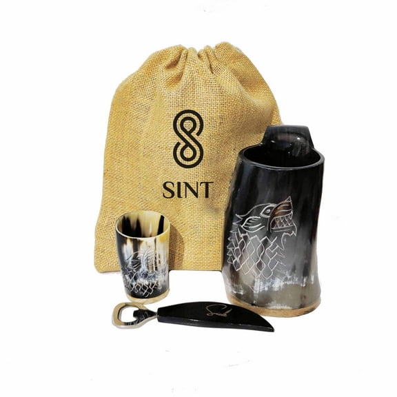 SISK Viking Wolf/Fenrir Engraved Polished Horn Mug, Glass and Opener Set of 3