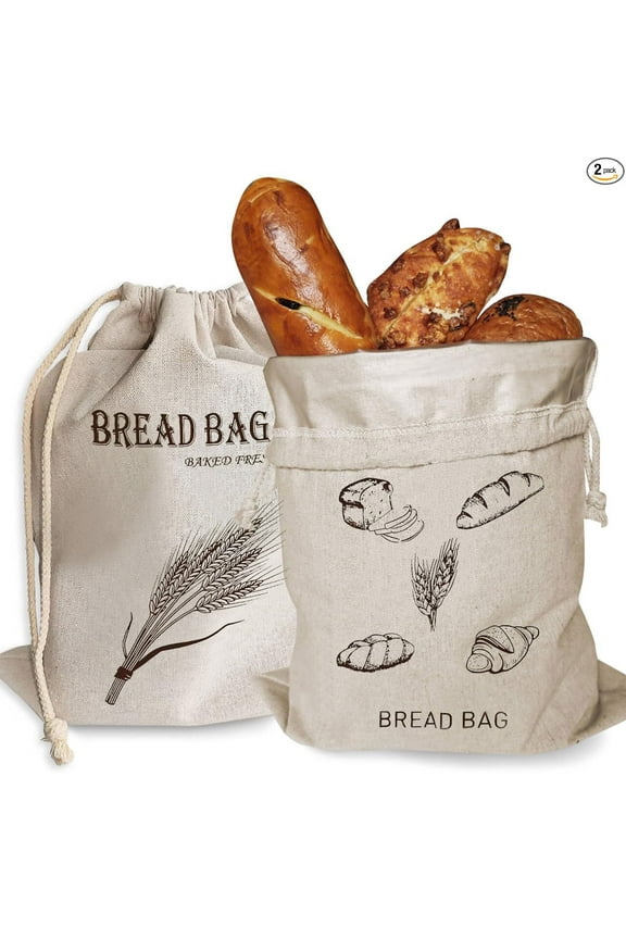 2 Pack Reusable Linen Bread Bags with Liner, Drawstring Closure for Homemade & Sourdough Storage (15.7" x 12")
