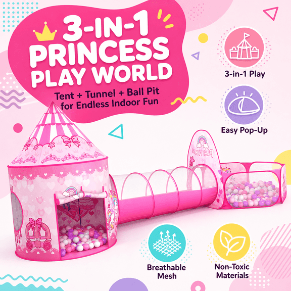 Sisticker 3pc Toddler Pop up Kids Play Tent with Tunnel and Ball Pit for Boys, Girls and Toddlers, Indoor Outdoor Polyester Play Tent(Pink)