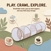 Sisticker Kids Play Tunnel for Crawling, Collapsible Pop-Up Design with Breathable Mesh, Brown with White Stars, Polyester Taffeta, 68.9 x 18.1 in.