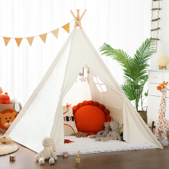SISTICKER Kids Teepee Tent for 3-8 Years Kids Toddlers White Canvas Playhouse Indoor Outdoor Games