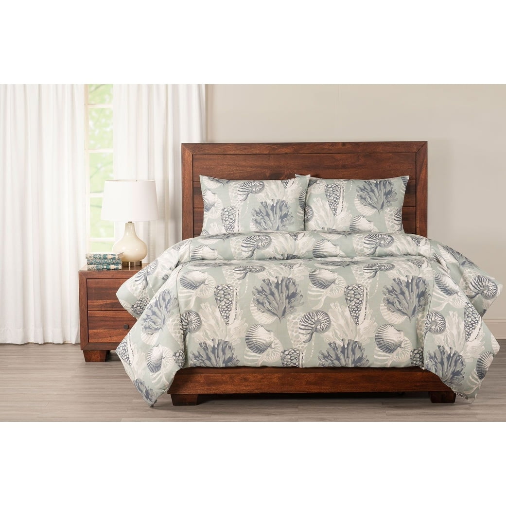 Twin Seafoam Green and Blue Seashell Print Duvet Cover Set