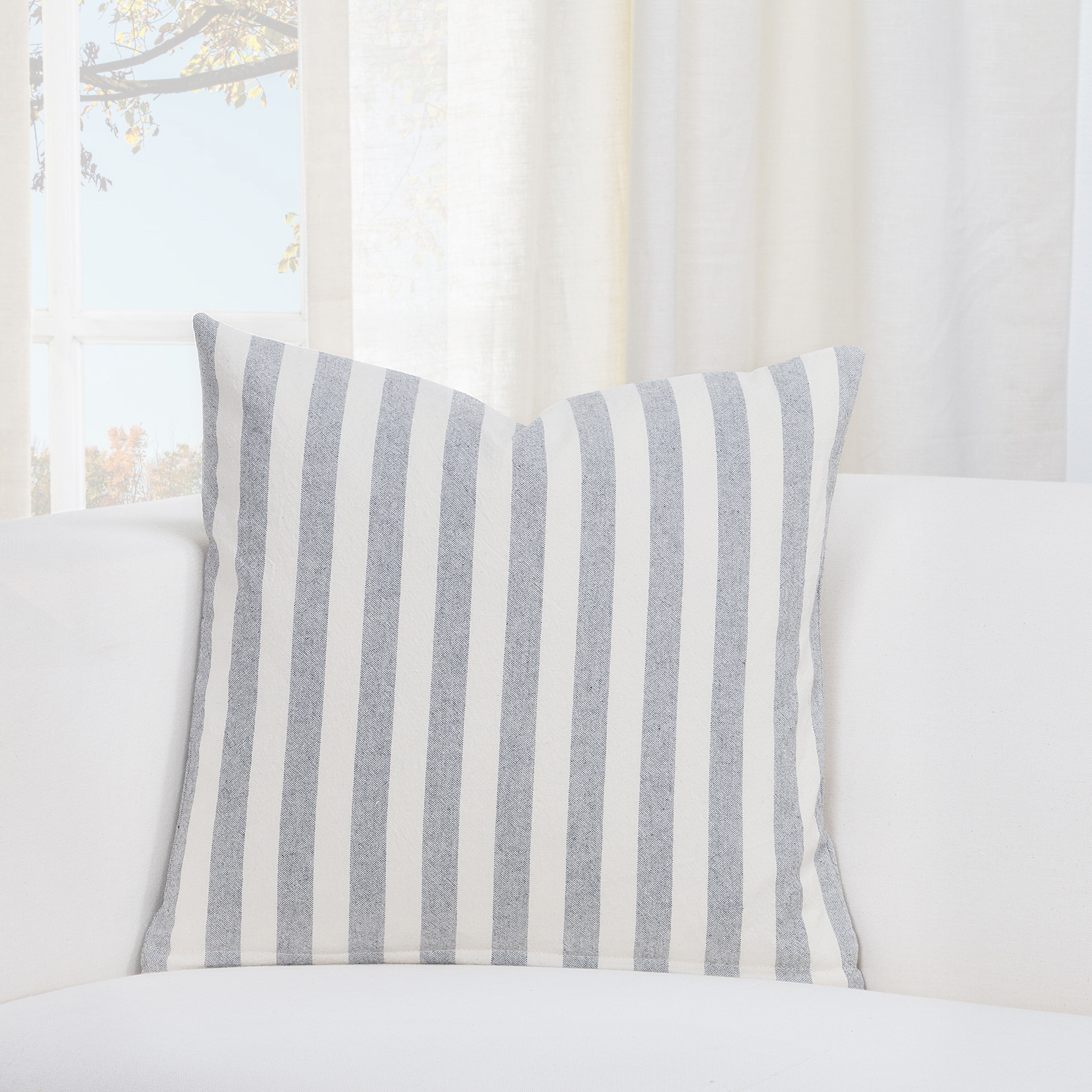Gray and White Striped Cotton Blend Square Throw Pillow