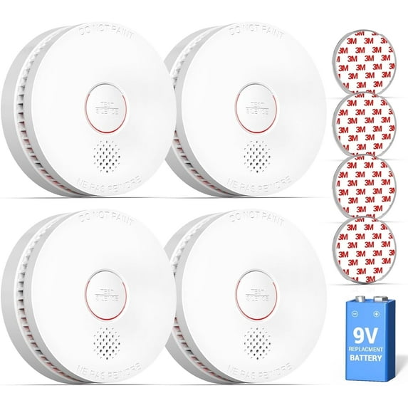 SITERWELL Smoke Detector, 9V battery,Fire Alarm,Magnetic Fastening Kit, Smoke Alarm,Photoelectric Sensor,Low Battery Warning for House, ETL-9th Listed, GS509A, 4 Packs