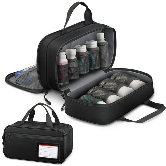 SITHON Pill Bottle Organizer Medicine Storage Bag Medication Travel Carrying Case Manager with Handle, Detachable Pockets Modular for Medications, Vitamins, Medical Supplies, Black