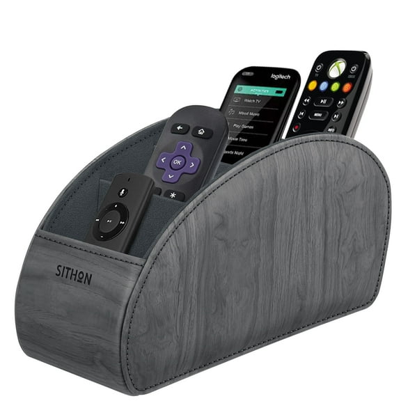 SITHON Remote Control Holder with 5 Compartments - PU Leather Remote Caddy Desktop Table Organizer Store TV, DVD, Blu-Ray, Media Player, Heater Controllers, Gray
