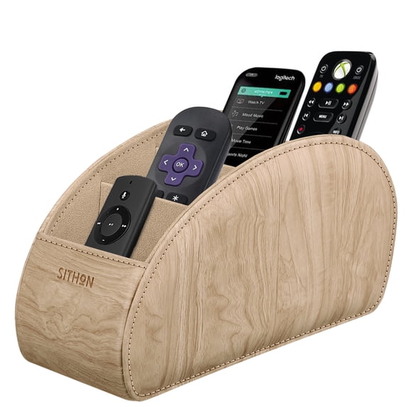 SITHON Remote Control Holder with 5 Compartments - PU Leather Remote Caddy Desktop Table Organizer Store TV, DVD, Blu-Ray, Media Player, Heater Controllers, Woodgrain Khaki