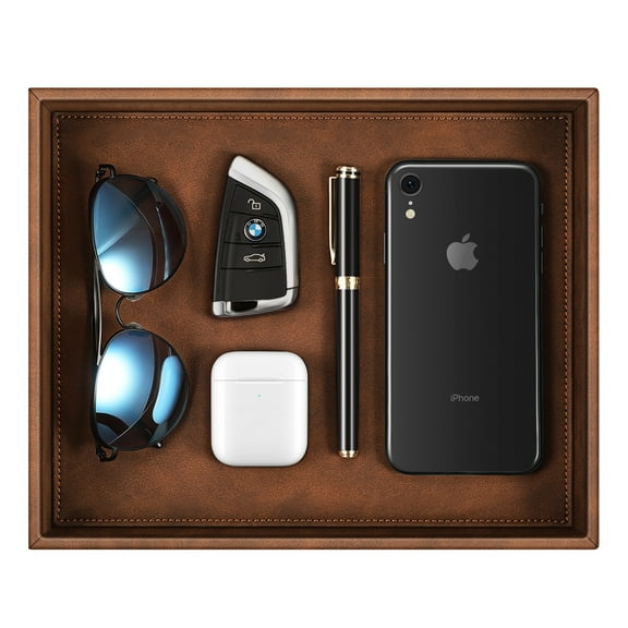 SITHON Valet Tray Desk Organizer, PU Leather Catchall Bedside Vanity Tray Nightstand Caddy Coin Box Key Jewelry Storage Tray, Brown