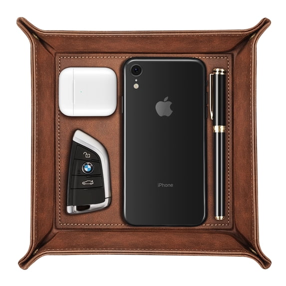 SITHON Valet Tray Desktop Storage Organizer – Premium PU Leather Catchall Bedside Vanity Nightstand Caddy Holder for Remote Controller, Keys, Phone, Wallet, Coin, Jewelry, Brown