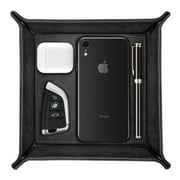 SITHON Valet Tray Desktop Storage Organizer   Premium PU Leather Catchall Tray Bedside Vanity Tray Nightstand Caddy Holder for Remote Controller, Keys, Phone, Wallet, Coin, Jewelry, Black