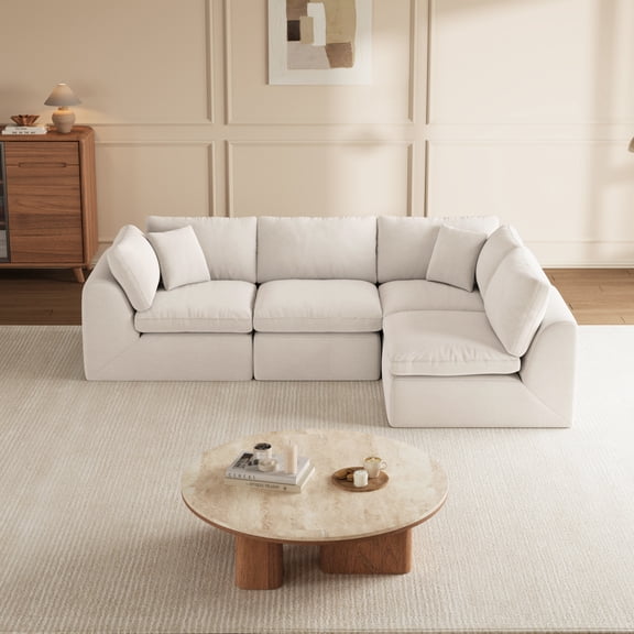 SITJOY 110" Wide L-Shaped Modular Couch, No Assembly Required 3 Seater Boneless Sofa with Backrests, Modern Cloud Couch with Removable Washable Covers for Living Room, Soft-to-Touch Chenille in White
