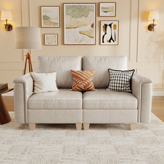 SITJOY 65" Faux Leather Modular Sectional Sofa with Storage, Modern 2 Seater Loveseat Couch for Small Space and Living Room, Beige