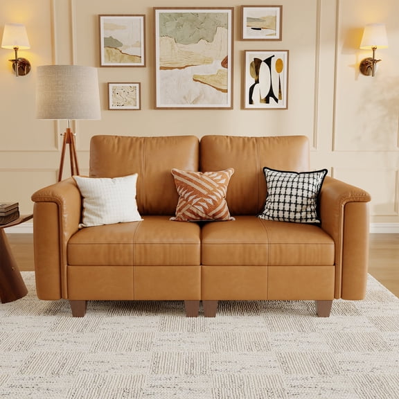 SITJOY 65" Faux Leather Modular Sectional Sofa with Storage, Modern 2 Seater Loveseat Couch for Small Space and Living Room, Brown