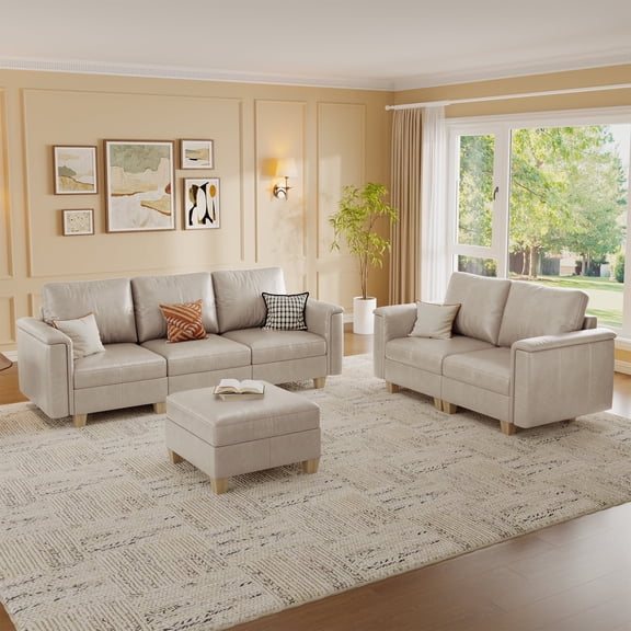 SITJOY 91" Faux Leather Modular Sectional Sofa with Storage, Modern 5 Seater Sofa Set with Ottoman for Living Room, Beige