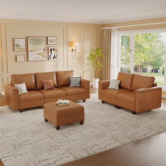 SITJOY 91" Faux Leather Modular Sectional Sofa with Storage, Modern 5 Seater Sofa Set with Ottoman for Living Room, Brown