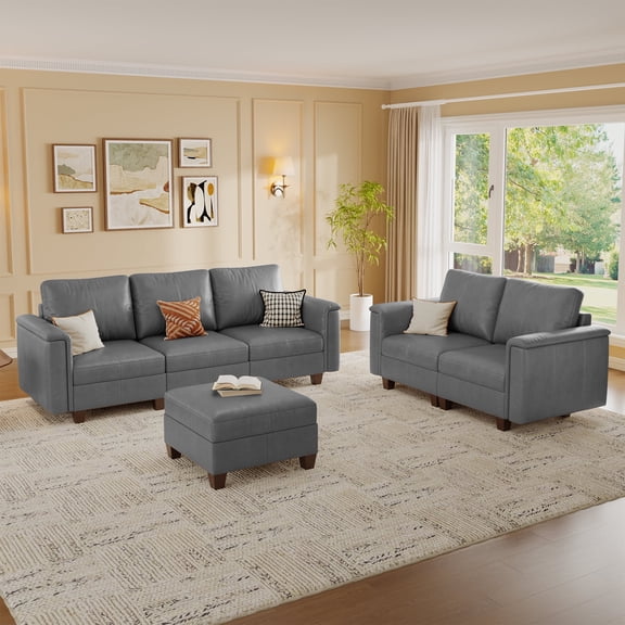 SITJOY 91" Faux Leather Modular Sectional Sofa with Storage, Modern 5 Seater Sofa Set with Ottoman for Living Room, Gray