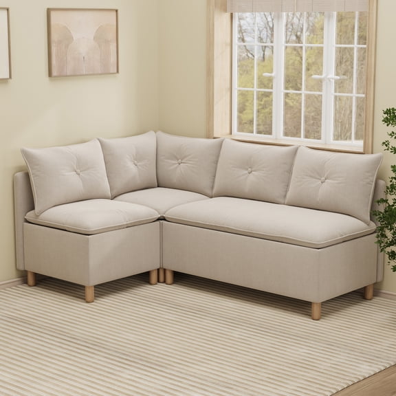 SITJOY Modular Breakfast Nook Bench with Storage, 4-Seat L-Shaped Upholstered Dining Banquette with 1 Corner Unit, White Chenille