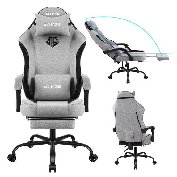 SITMOD Ergonomic Gaming Chair with Lumbar Support & Footrest - Adjustable Height Recliner, 360° Swivel Seat, Fabric, Headrest, Metal Frame for Home Office & Gaming (Gray)