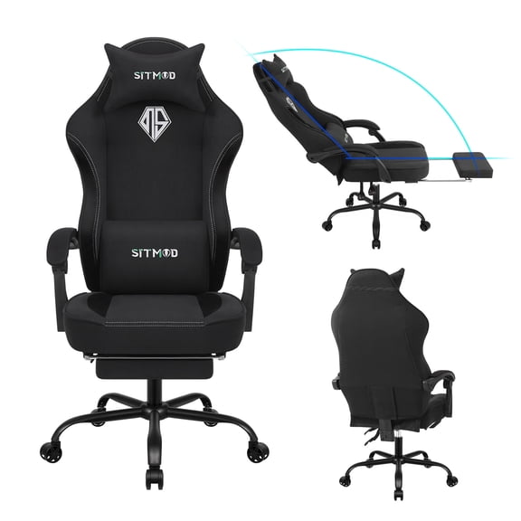 SITMOD Ergonomic Gaming Chair with Lumbar Support & Footrest - Adjustable Height Recliner, 360° Swivel Seat, Fabric, Headrest, Metal Frame for Home Office & Gaming (Black)