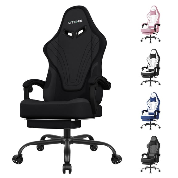 SITMOD Video Gaming Chair Fabric Office Chair with Footrest Lumbar Support Headrest Adjustable Swivel and Height Reclining Recline Ergonomic Computer Chair, Balck