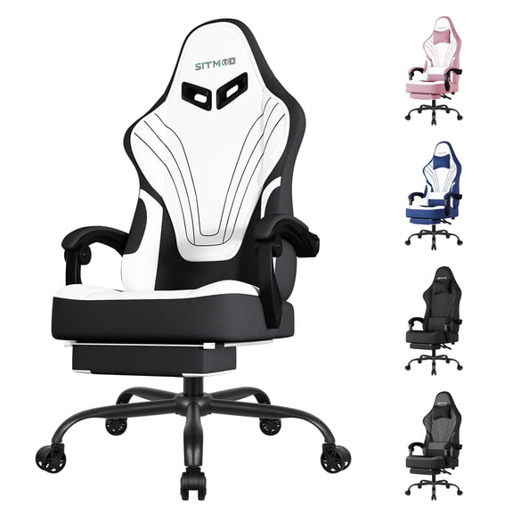 SITMOD Video Gaming Chair Fabric Office Chair with Footrest Lumbar Support Headrest Adjustable Swivel and Height Reclining Recline Ergonomic Computer Chair, Black&White