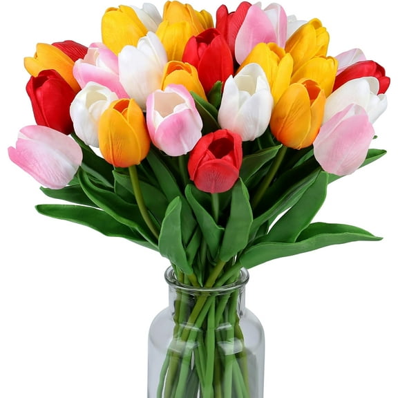 Fake Tulips 15pcs Real Touch PU Artificial Flower Assorted Colors | for Spring Kitchen Island and Dining Table Centerpieces, Wedding Bouquets, and Home Decor