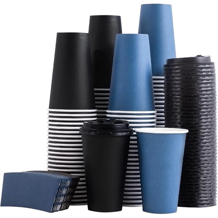 SIUQ 16 oz Disposable Paper Cups with Lids Sleeves,Insulated Cups for Hot Drinks,Blue-Black 100 Pack
