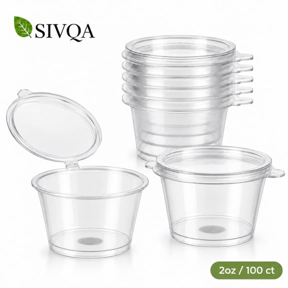 SIVQA 2 oz Clear Portion Cups with Attached Hinged Lids, Disposable, 100 Count