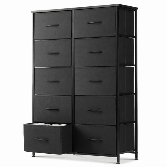 SIVROCK 10-Drawer Fabric Storage Tower, Dresser, Multi-Use Organizer with Fabric Bins, Steel Frame & Wood Top, Black