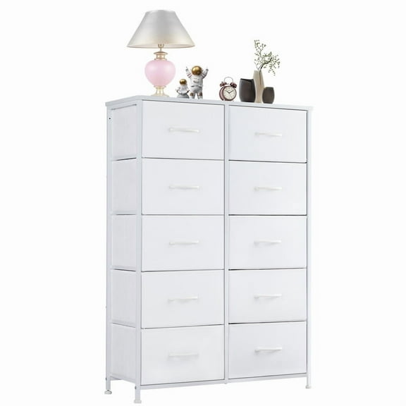 SIVROCK 10-Drawer Fabric Storage Tower, Dresser, Multi-Use Organizer with Fabric Bins, Steel Frame & Wood Top, White