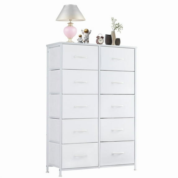 SIVROCK 10-Drawer Fabric Storage Tower, Dresser, Multi-Use Organizer with Fabric Bins, Steel Frame & Wood Top, White