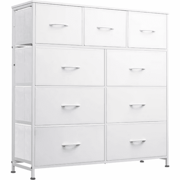 SIVROCK 9-Drawer Fabric Storage Tower, Multi-Use Organizer with Fabric Bins, Steel Frame & Wood Top, White