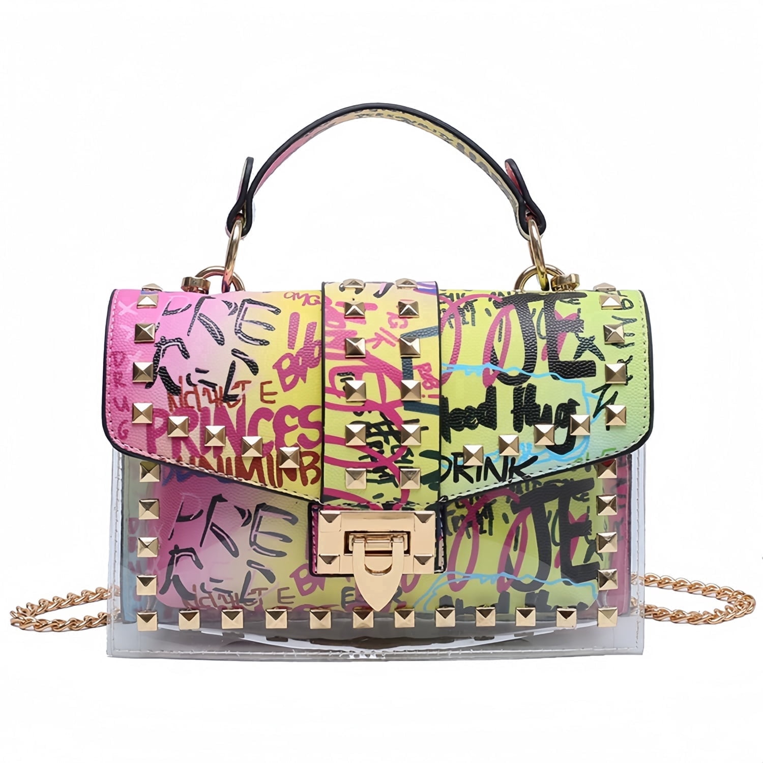 SIX DEER Colorful Graffiti Print Studded Transparent PVC Crossbody Bag ...