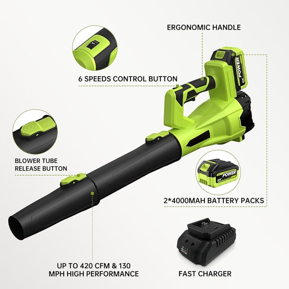 SIXCRAFTSMEN 21V Cordless Leaf Blower - 2 Batteries & Fast Charger, 6-Speeds with Extension Tube for Patio