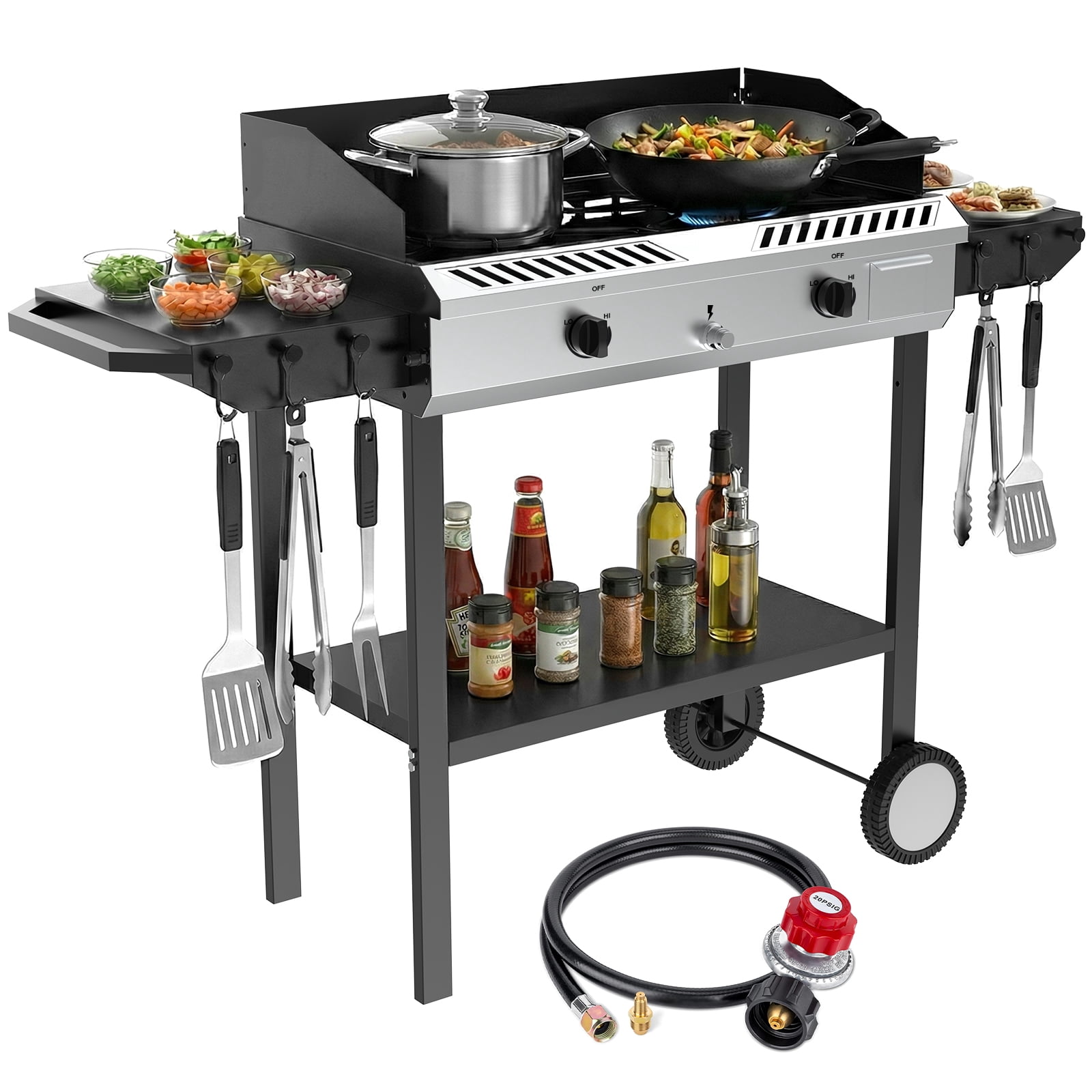SIXDAY 150,000 BTU 2-Burner Outdoor Gas Stove with Side Shelves & Wind Panel, Regulator, and All-Terrain Wheels for Easy Mobility