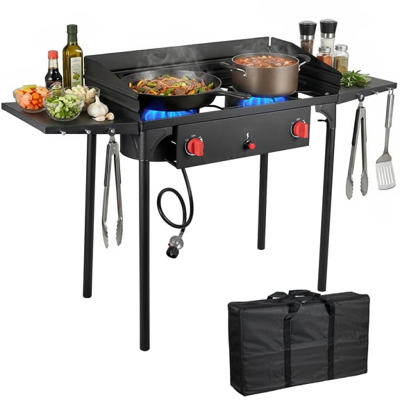 SIXDAY 2 Burner Gas Stove with Wind Panel & Side Sleeve, 150,000 BTU, Removable Legs & Auto Ignition Button, Carrying Bag