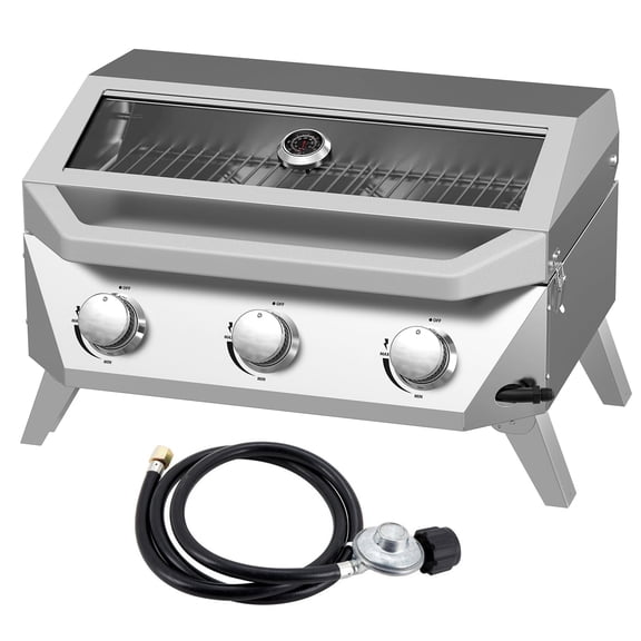 SIXDAY 3-Burner Tabletop Gas Grill with Viewing Glass Lid, 30,000 BTU Portable BBQ Grill with Thermometer and Push-Button Ignition for Camping, RV, Patio, Tailgating