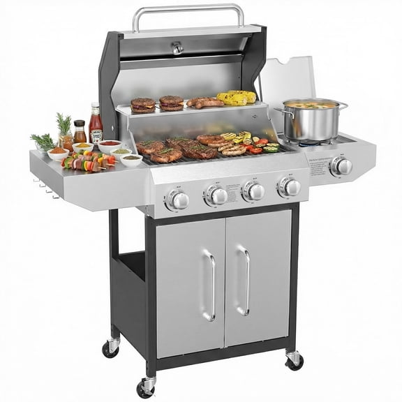 SIXDAY 4-Burner Gas Grill with Side Burner, 60,000 BTU Stainless Steel Propane BBQ Grill, Outdoor Flat Top Grill with Wheels and Side Shelves