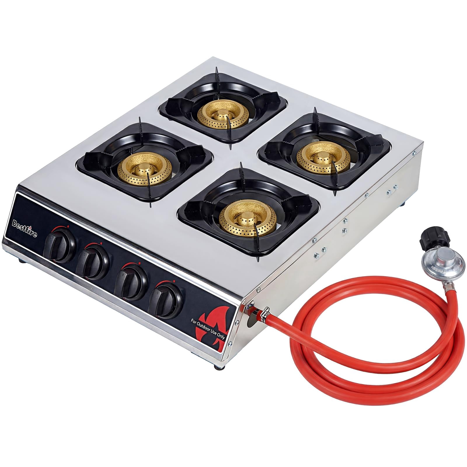 SIXDAY 4 Burner Propane Gas Stove, 40,000 BTU Portable Outdoor Cooktop with Stainless Steel Surface, Enamel Pan Supports, Electronic Ignition, Regulator & Hose for Camping, BBQ & Outdoor Cooking