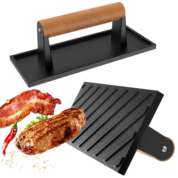 SIXDAY Cast Iron Smash Burger Press with Wood Handle, 8.5" x 3.1" Rectangular Grill Press for Burgers, Bacon, Steaks, and Sandwiches - 1Pcs