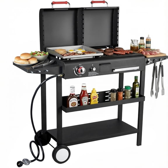 SIXDAY Dual Fuel Charcoal and Propane Grill Combo with Dual Lids, 12000 BTU Outdoor BBQ Grill with 2 Side Shelves for Backyard Cooking